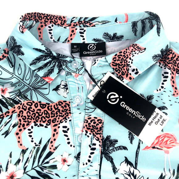 Greenside Golf Men's Polo Shirt African Oasis Medium Cheetah Flamingo Tropical - Picture 3 of 16
